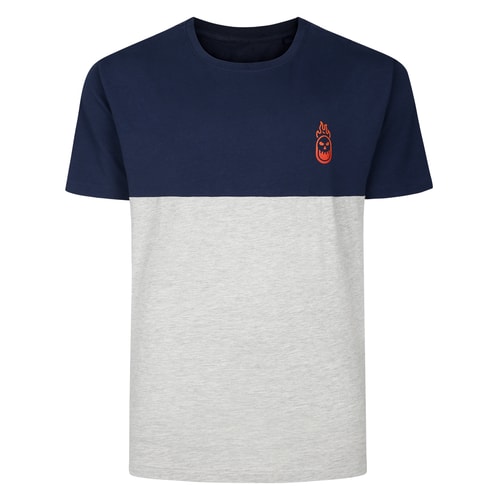 Front view of navy and light grey colour block T-shirt.